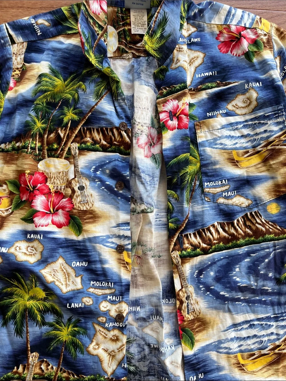 Vintage Boys Blue Tropical Hawaiian Button-Down Shirt with Floral Print